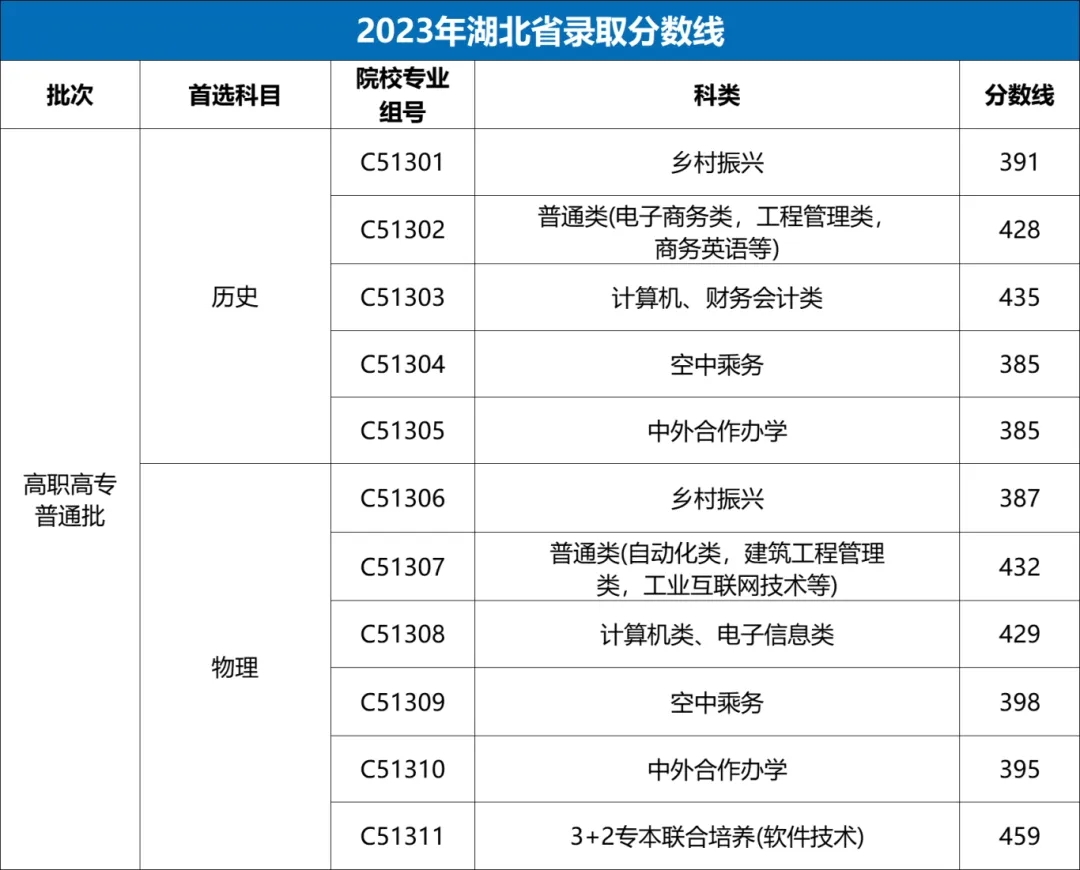 武汉职业技术学院23年分数线