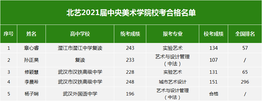 中 央 美 术 学 院校考合格成绩